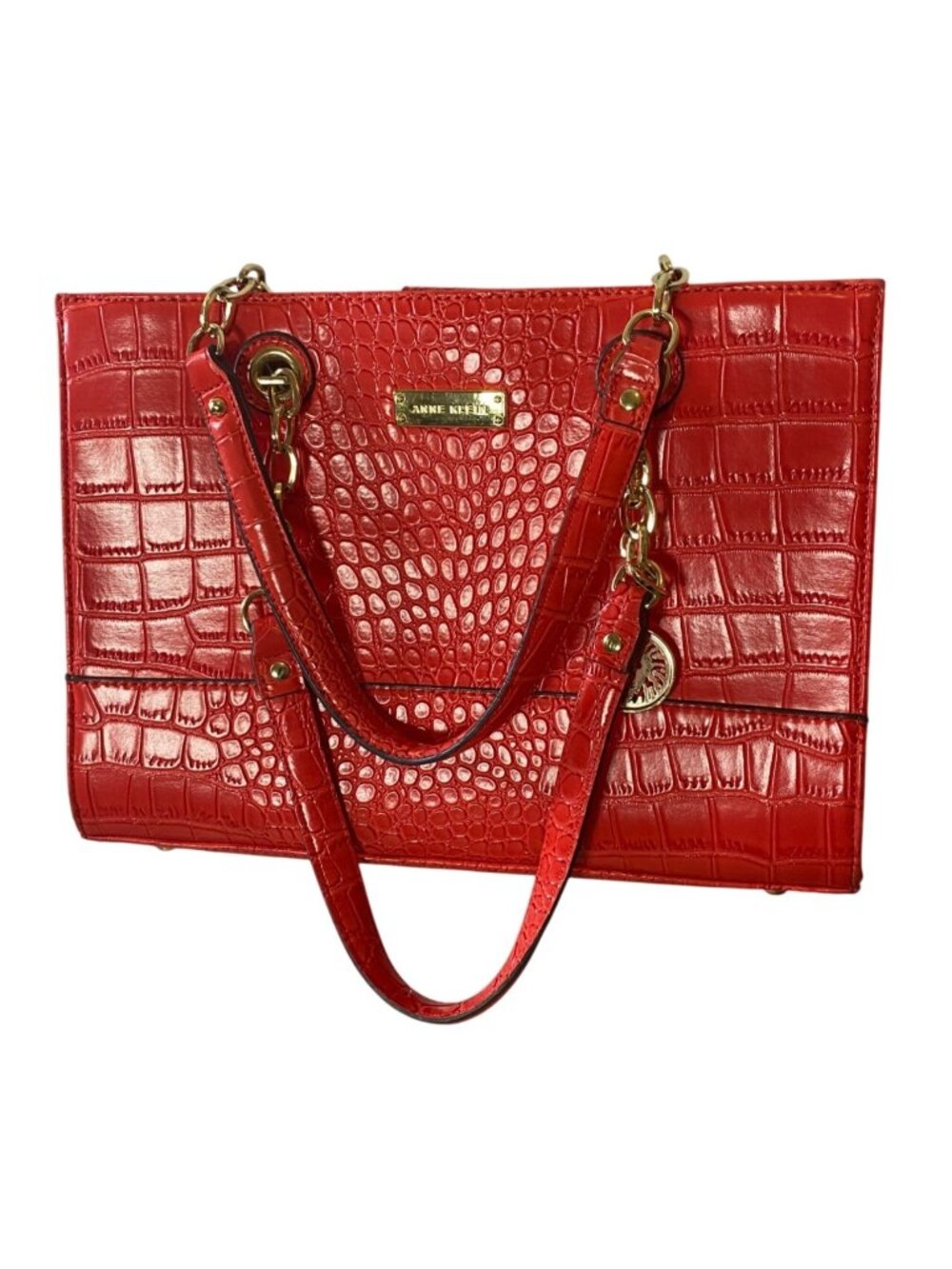 Anne Klein Red Croc-Embossed Tote Bag Gold Hardware Polka Dot Lining